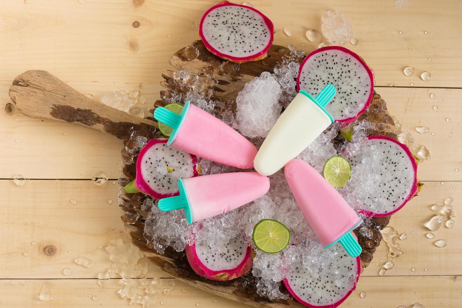 Homemade Fruits ice cream and yogurt on ice photo