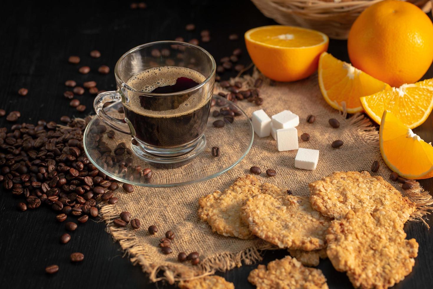 fresh breakfast with hot coffee, orange juice and cookies photo