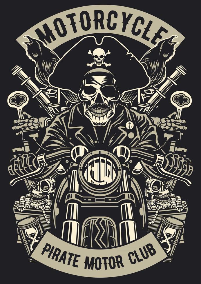 Insignia vintage del club de motos piratas, diseño de insignia retro vector