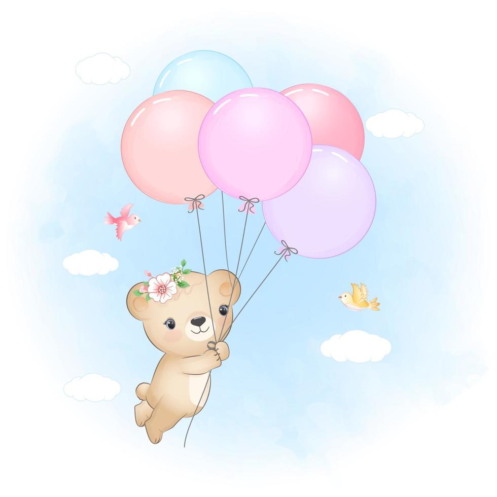 Cute Little Bear with balloons and birds on the sk vector