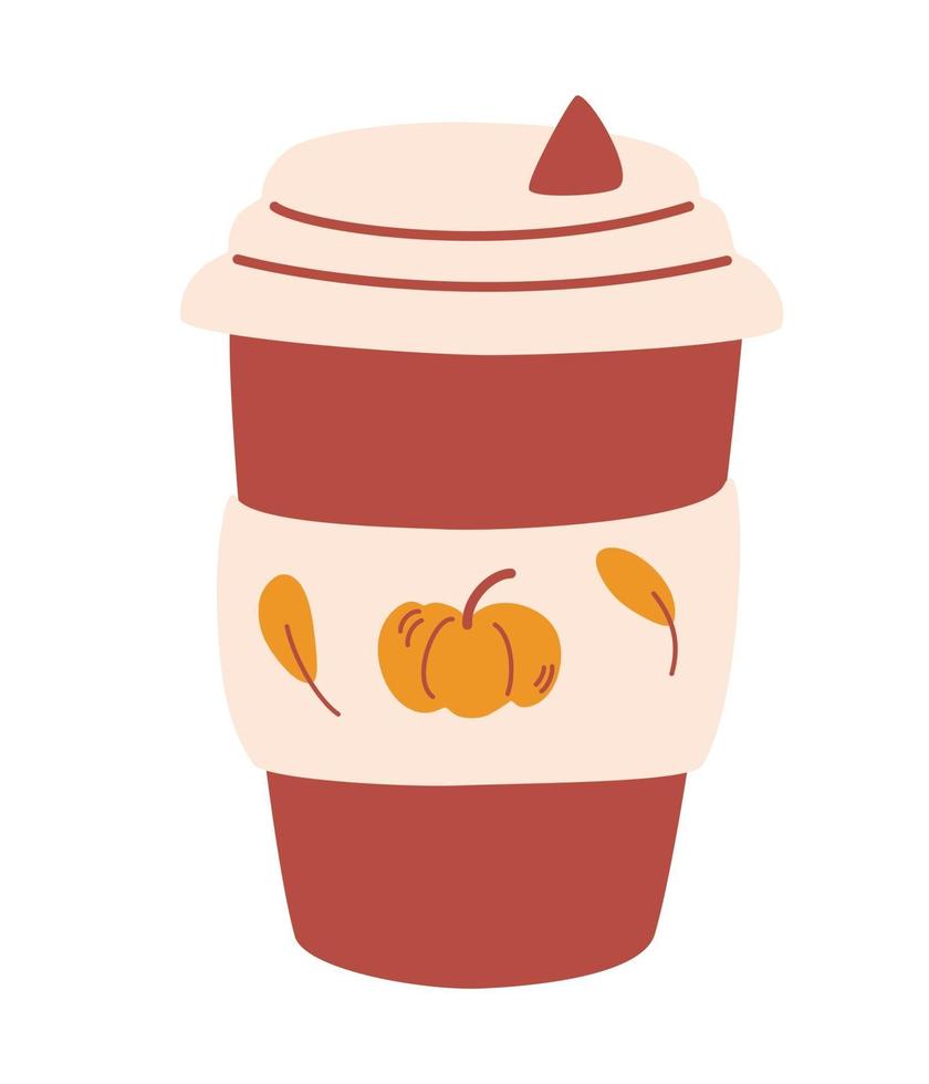 taza de café de calabaza. sabroso café con leche de especias de calabaza. deliciosa bebida caliente de temporada. taza de café de papel para llevar. estado de ánimo de otoño. Ilustración vectorial sobre fondo blanco. vector