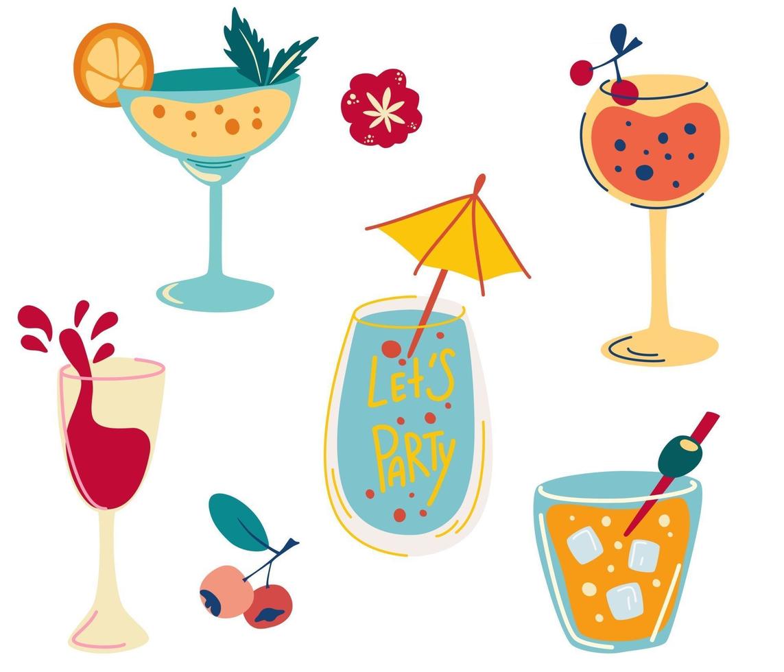 Set of cocktails. Hand drawn alcoholic beverages, refreshing cocktails with ice cubes, berries and olives. Summer vacation and beach party. Created for menu designs. Flat cartoon vector illustration