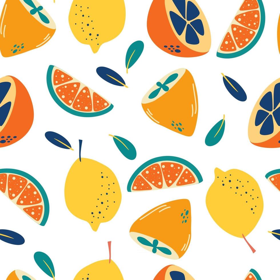 Seamless pattern with lemons. Abstract citrus background. Fresh slices and whole lemons backdrop. Summer pattern. Vector bright print for fabric or wallpaper.