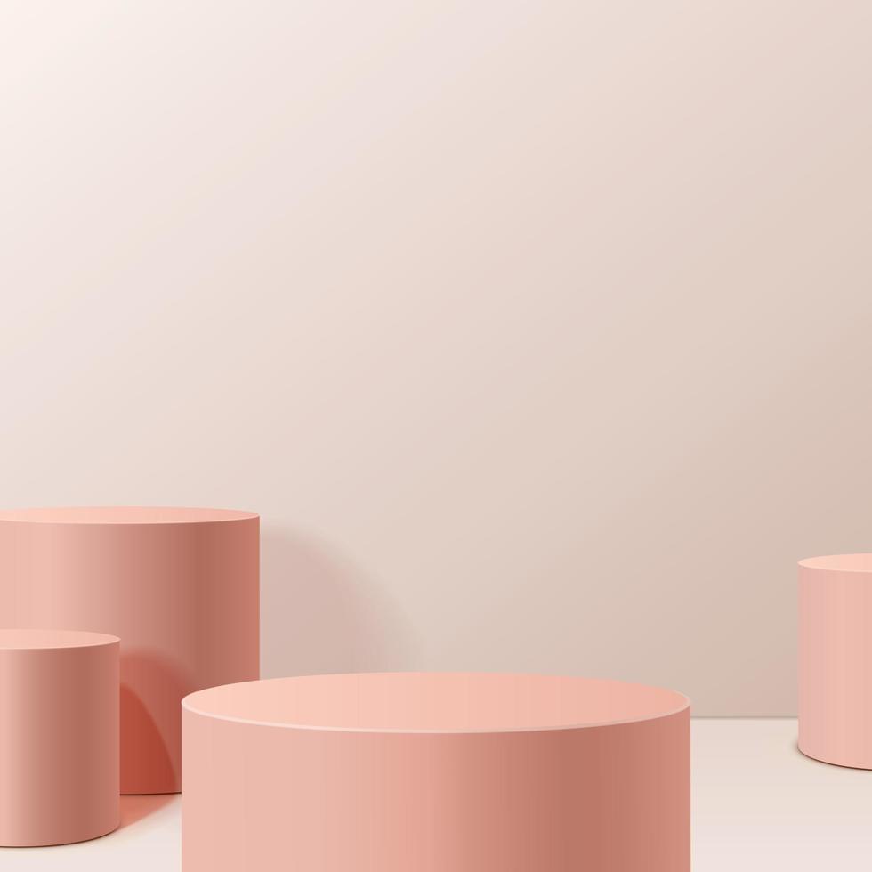 minimal scene with geometrical forms. Cylinder podium in pink background. Scene to show cosmetic product, Showcase, shopfront, display case. 3d vector illustration.