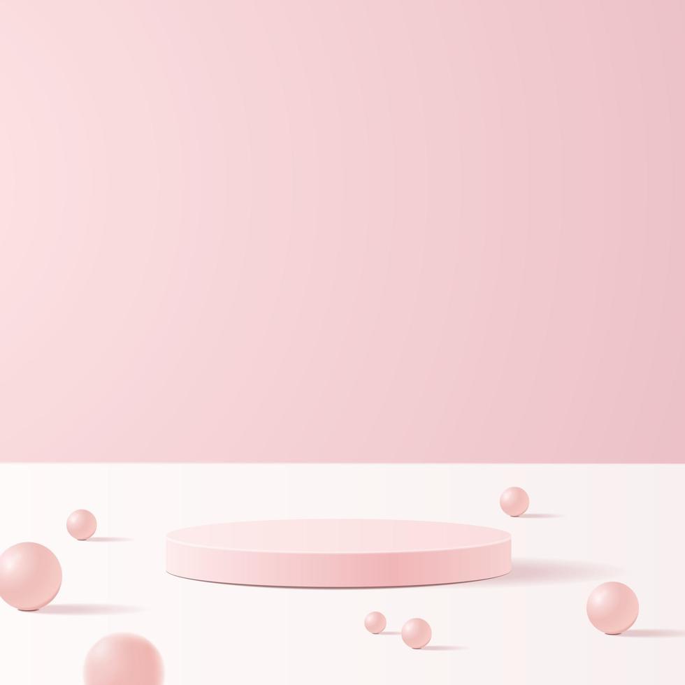 minimal scene with geometrical forms. Cylinder podiums in soft pink background with paper leaves on column. Scene to show cosmetic product, Showcase, shopfront, display case. 3d vector illustration.