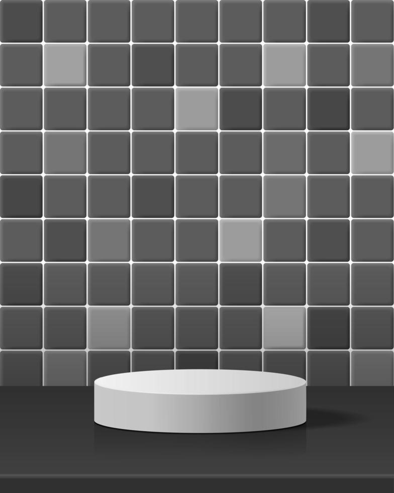 minimal scene with geometric forms. cylinder black podium in black rectangle ceramic tile wall background. vector