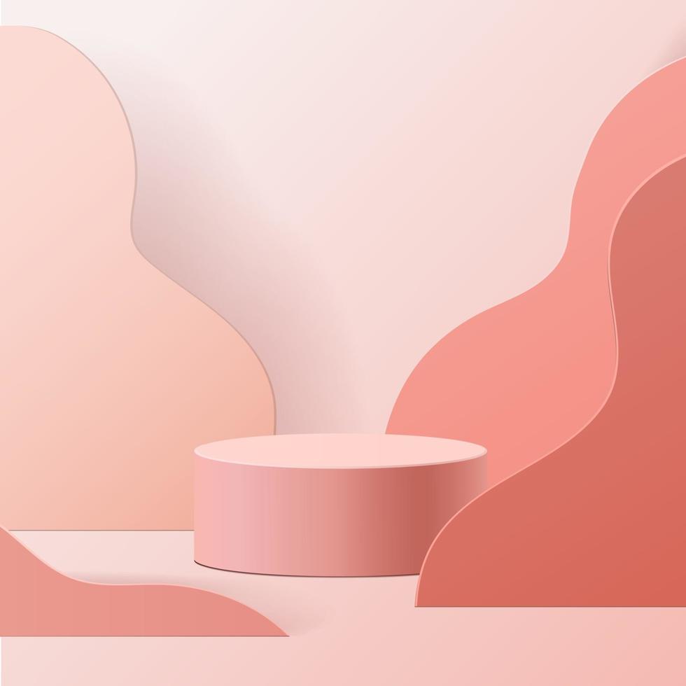 minimal scene with geometrical forms. Cylinder podium in pink background. Scene to show cosmetic product, Showcase, shopfront, display case. 3d vector illustration.