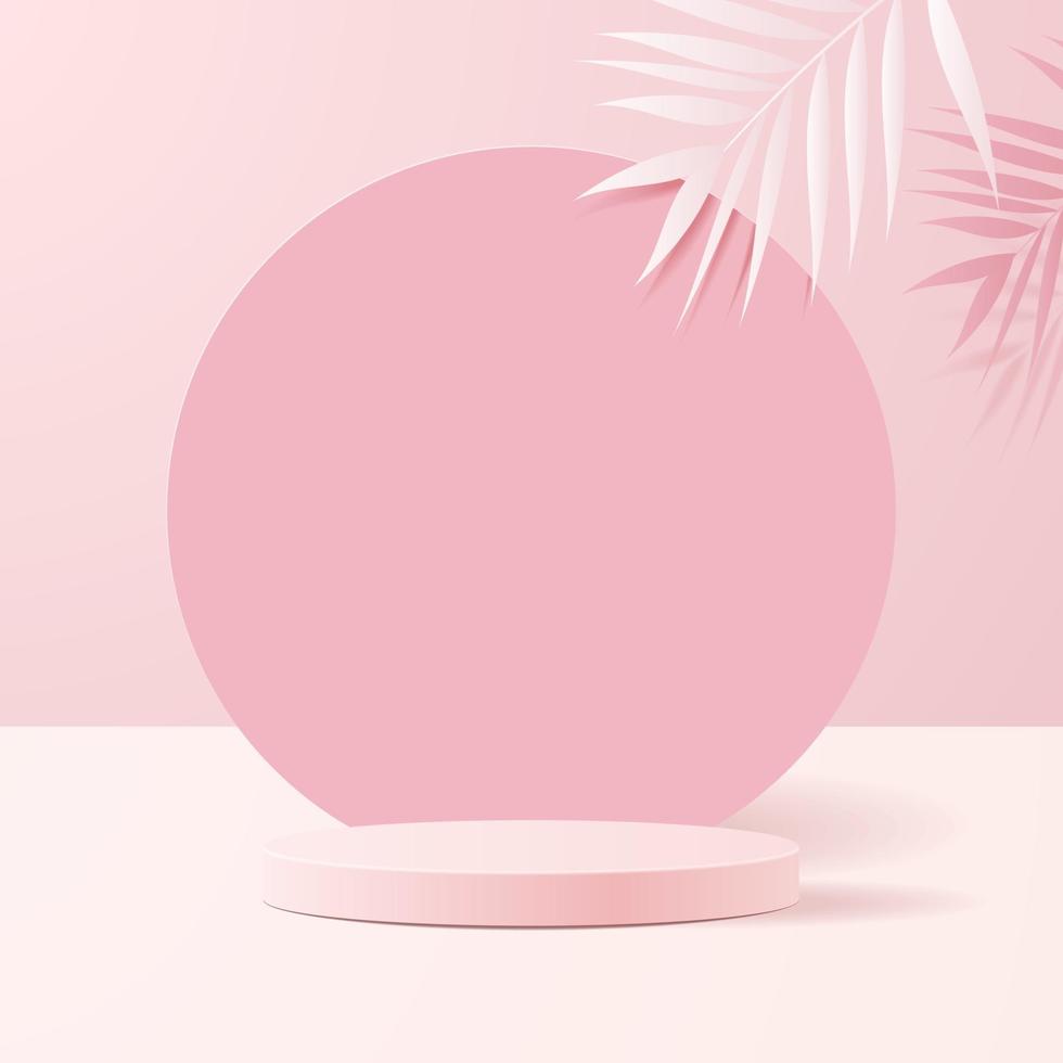 minimal scene with geometrical forms. Cylinder podiums in soft pink background with paper leaves on column. Scene to show cosmetic product, Showcase, shopfront, display case. 3d vector illustration.