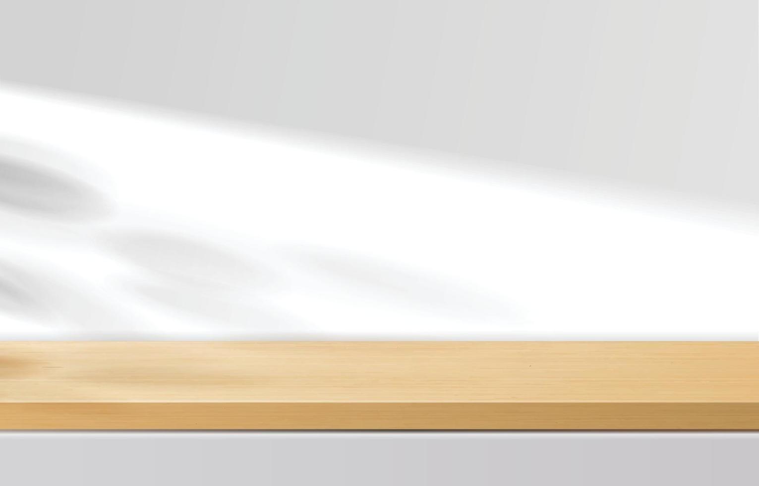 mesa superior de madera mínima vacía, podio de madera en fondo blanco con hojas de sombra. para presentación de productos, simulacros, exhibición de productos cosméticos, podio, pedestal de escenario o plataforma. Vector 3d