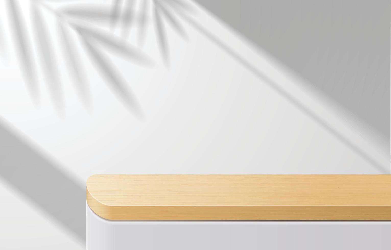 mesa superior de madera mínima vacía, podio de madera en fondo blanco con hojas de sombra. para presentación de productos, simulacros, exhibición de productos cosméticos, podio, pedestal de escenario o plataforma. Vector 3d