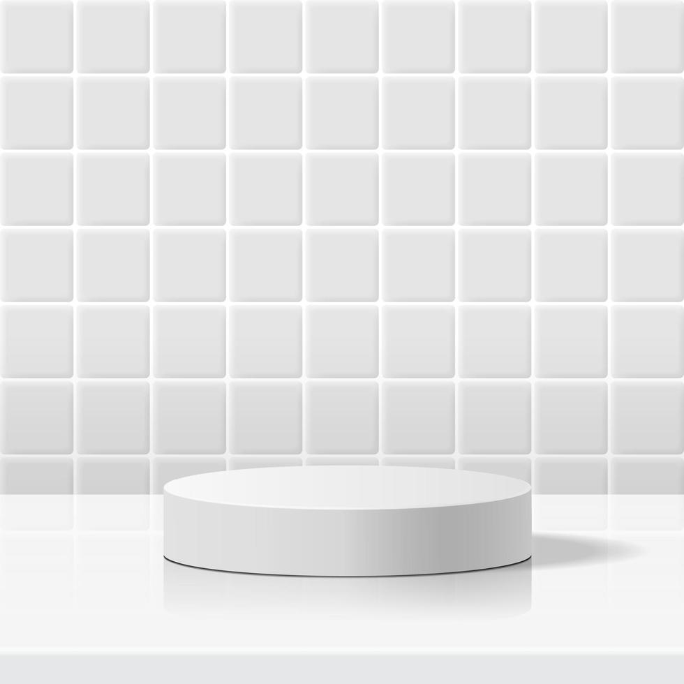 Escena mínima con formas geométricas. Podio de cilindro blanco en fondo de pared de azulejo de cerámica rectángulo blanco. vector