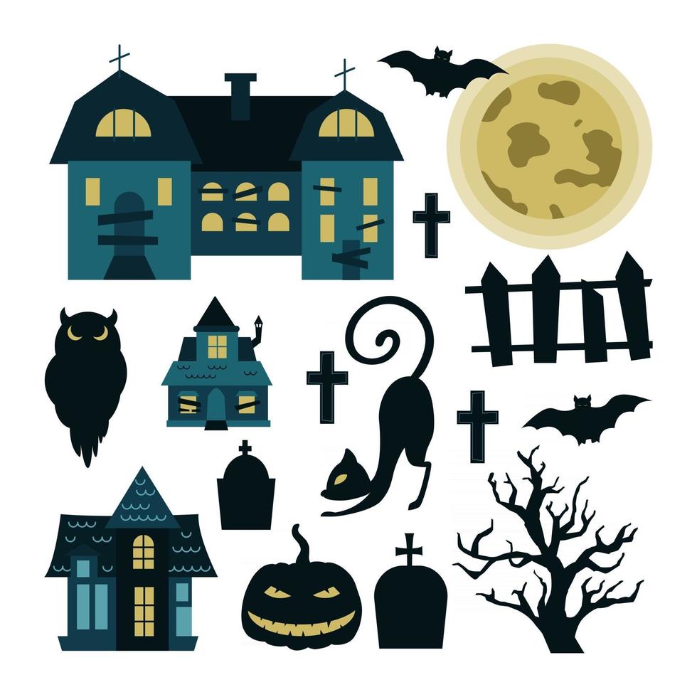 Halloween set of elements isolated on white background. Vector illustration of mysterious houses, moon, silhouettes of an owl, tree, pumpkin, black cat grave monuments