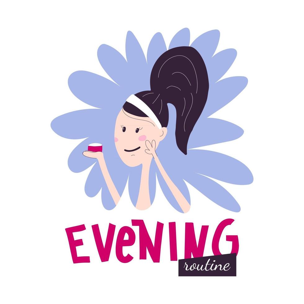 Korean evening face skincare routine with lettering. Young woman smears cream on her face. Vector illustration in hand draw style