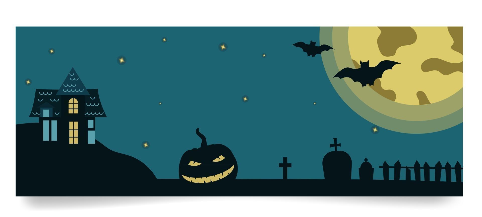 Halloween banner template with gloomy house, pumpkin, grave monuments, moon, bats on full moon background. Vector illustration in flat style