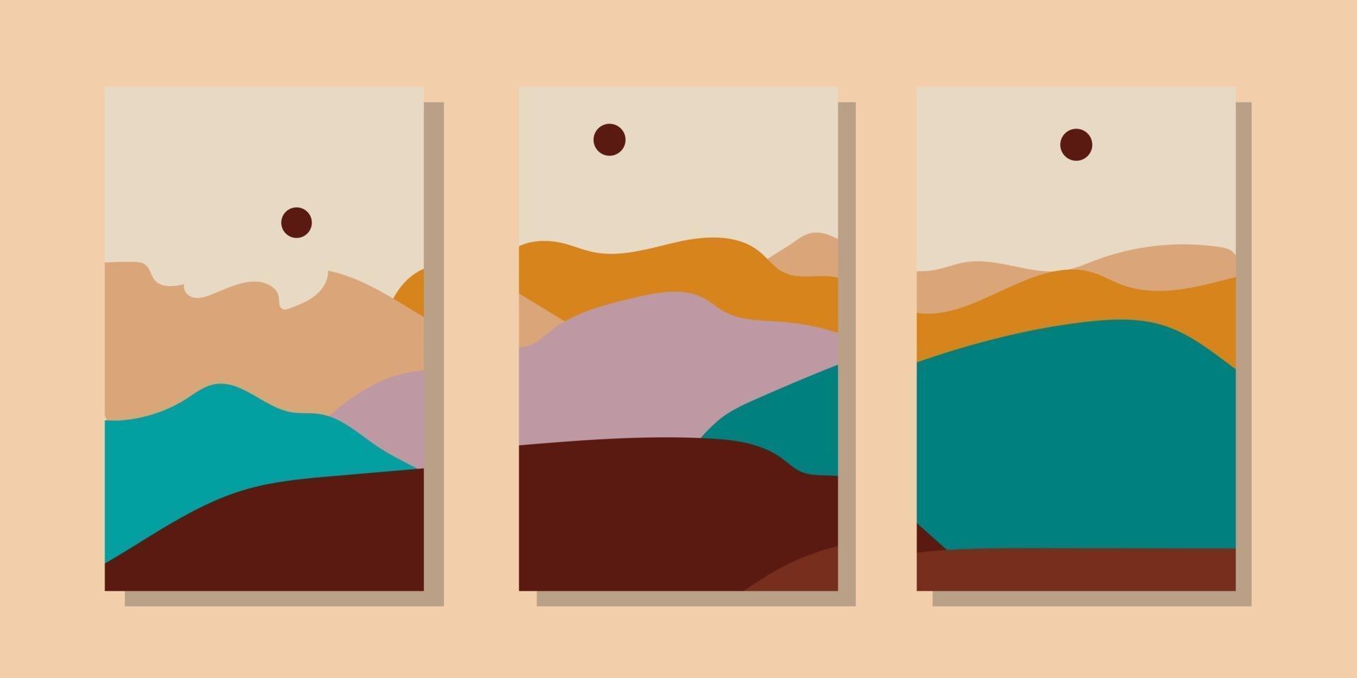 ilustraciones de paisajes abstractos minimalistas de moda. conjunto de carteles artísticos contemporáneos dibujados a mano. vector