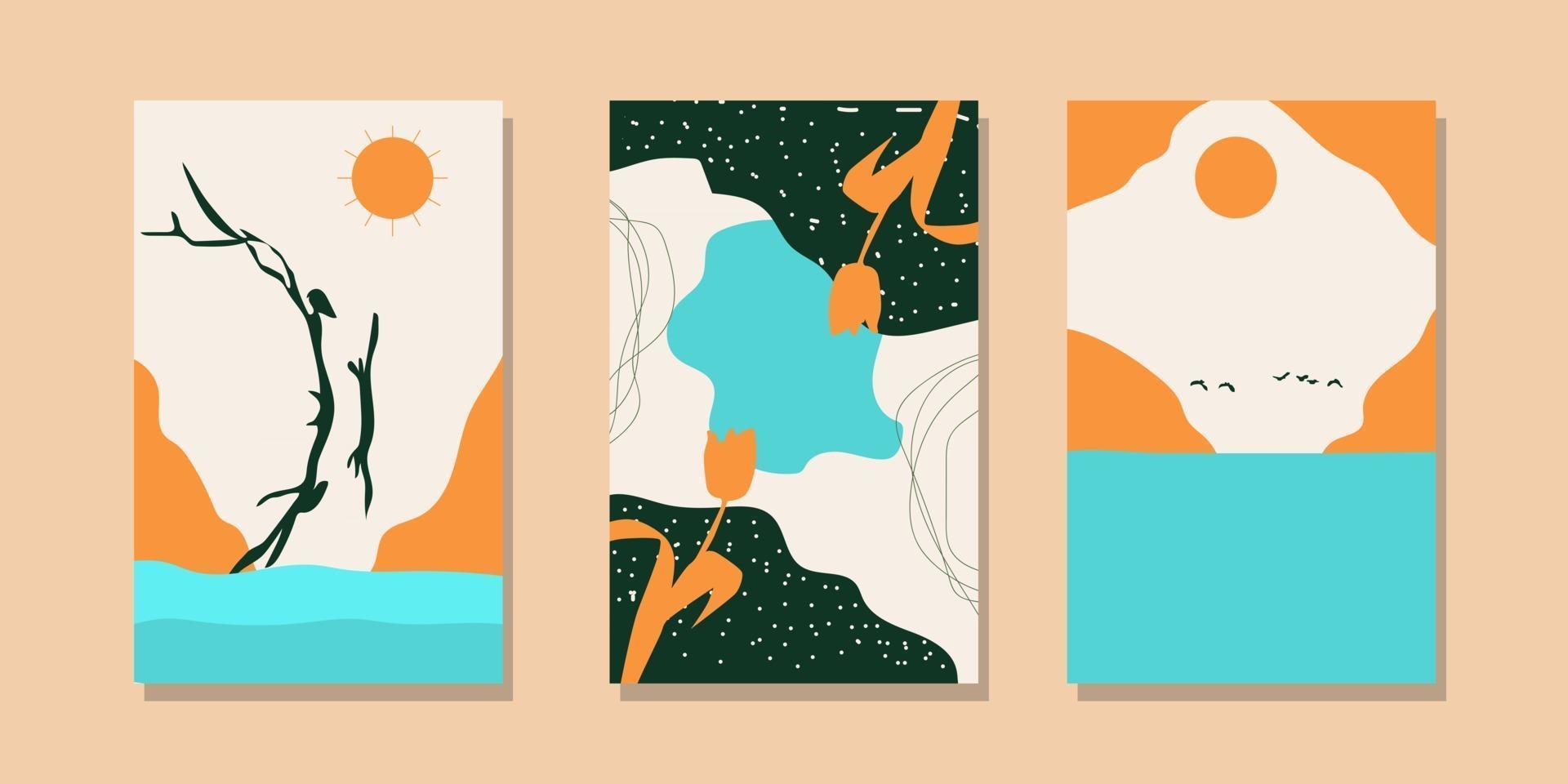 Trendy minimalist abstract landscape illustrations. Set of hand drawn contemporary artistic posters. vector