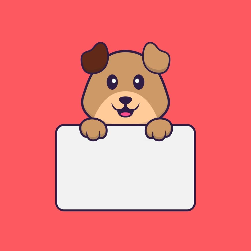 Cute dog holding whiteboard. Animal cartoon concept isolated. Can used for t-shirt, greeting card, invitation card or mascot. Flat Cartoon Style vector