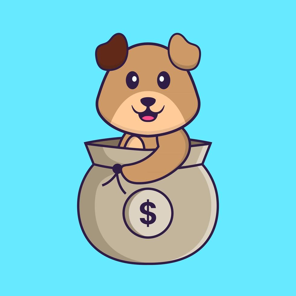 Cute dog in a money bag. Animal cartoon concept isolated. Can used for t-shirt, greeting card, invitation card or mascot. Flat Cartoon Style vector