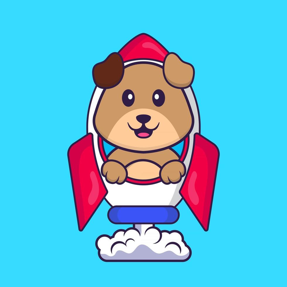 Cute dog flying on rocket. Animal cartoon concept isolated. Can used for t-shirt, greeting card, invitation card or mascot. Flat Cartoon Style vector