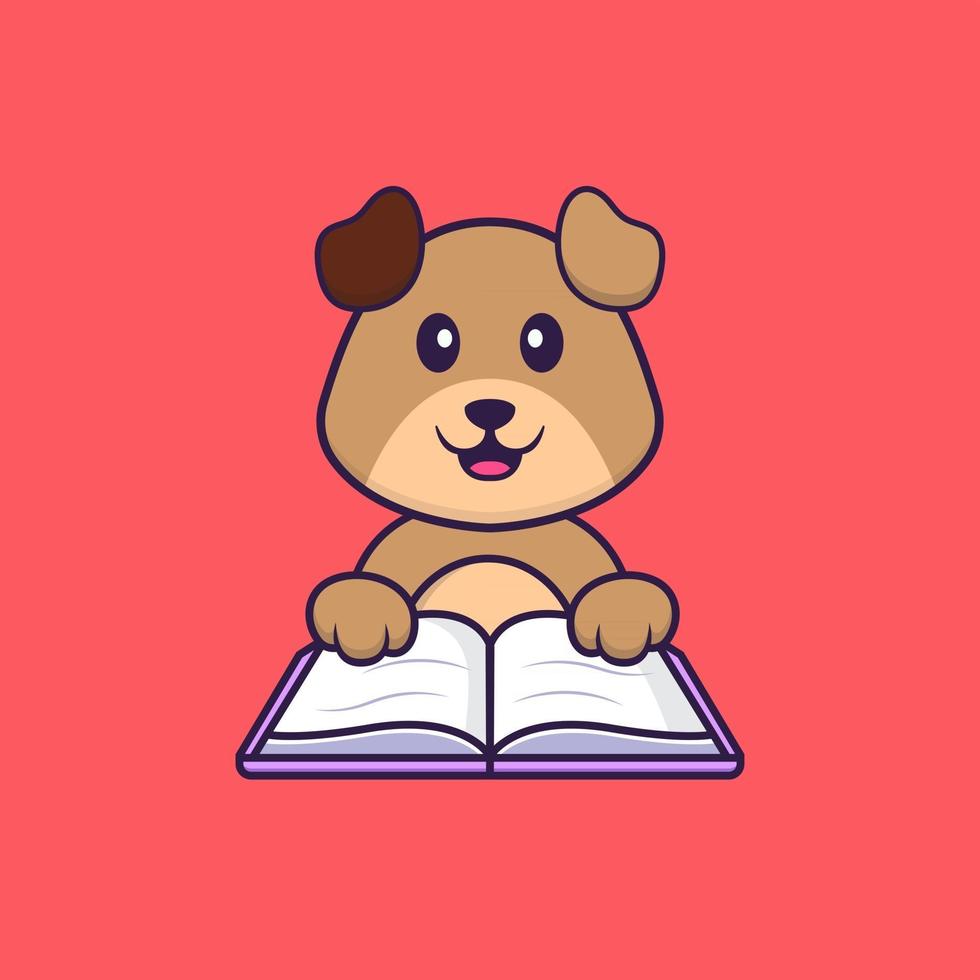 Cute dog reading a book. Animal cartoon concept isolated. Can used for t-shirt, greeting card, invitation card or mascot. Flat Cartoon Style vector