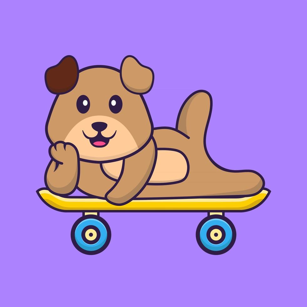 lindo perro acostado en una patineta. aislado concepto de dibujos animados de animales. Puede utilizarse para camiseta, tarjeta de felicitación, tarjeta de invitación o mascota. estilo de dibujos animados plana vector