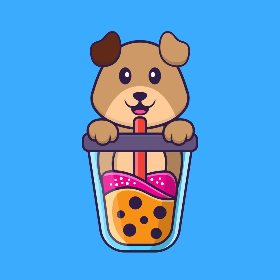 lindo perro bebiendo té con leche de boba. aislado concepto de dibujos animados de animales. Puede utilizarse para camiseta, tarjeta de felicitación, tarjeta de invitación o mascota. estilo de dibujos animados plana vector