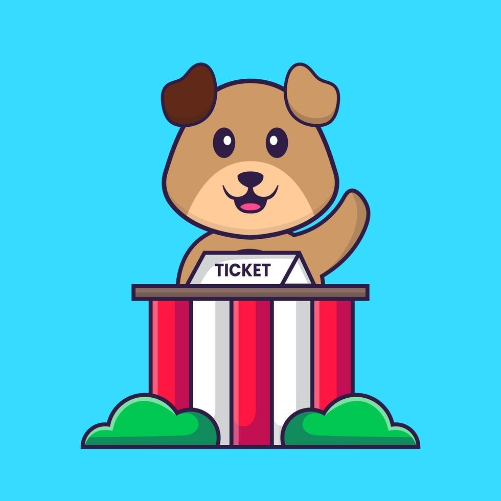 Cute dog is being a ticket keeper. Animal cartoon concept isolated. Can used for t-shirt, greeting card, invitation card or mascot. Flat Cartoon Style vector