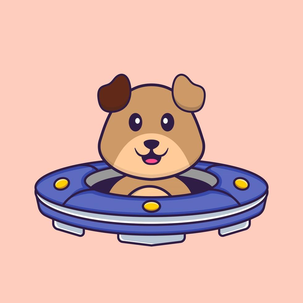 Cute dog Driving Spaceship Ufo. Animal cartoon concept isolated. Can used for t-shirt, greeting card, invitation card or mascot. Flat Cartoon Style vector