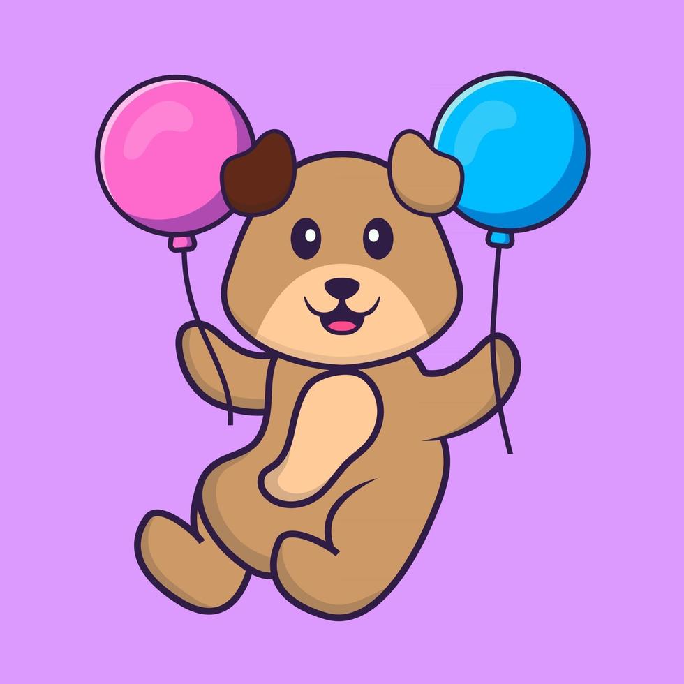 lindo perro volando con dos globos. aislado concepto de dibujos animados de animales. Puede utilizarse para camiseta, tarjeta de felicitación, tarjeta de invitación o mascota. estilo de dibujos animados plana vector