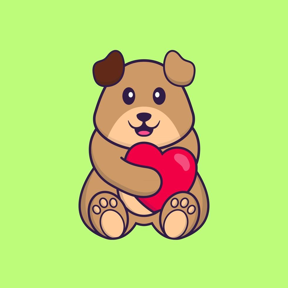 lindo perro sosteniendo un gran corazón rojo. aislado concepto de dibujos animados de animales. Puede utilizarse para camiseta, tarjeta de felicitación, tarjeta de invitación o mascota. estilo de dibujos animados plana vector