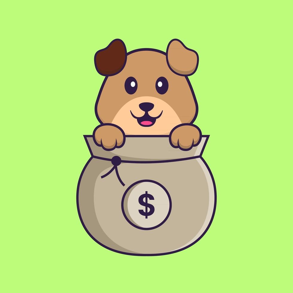 lindo perro jugando en la bolsa de dinero. aislado concepto de dibujos animados de animales. Puede utilizarse para camiseta, tarjeta de felicitación, tarjeta de invitación o mascota. estilo de dibujos animados plana vector