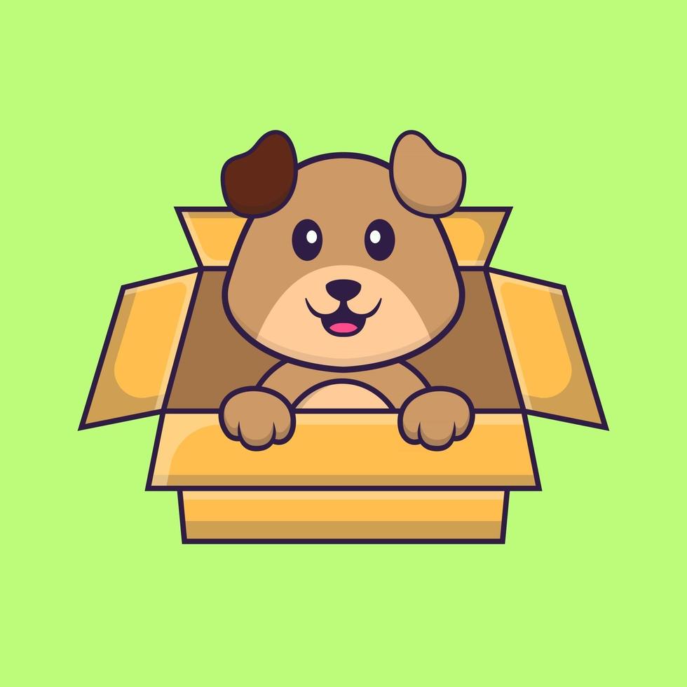 Cute dog Playing In Box. Animal cartoon concept isolated. Can used for t-shirt, greeting card, invitation card or mascot. Flat Cartoon Style vector