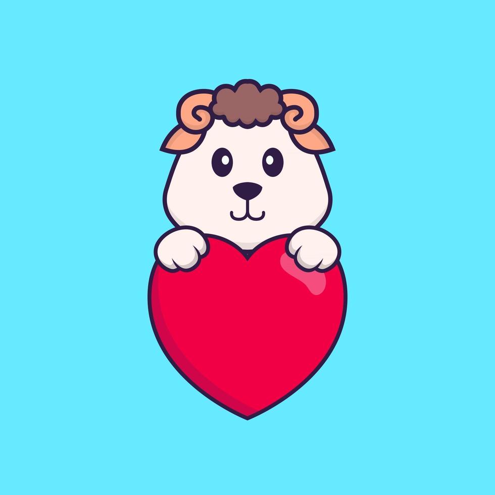linda oveja sosteniendo un gran corazón rojo. aislado concepto de dibujos animados de animales. Puede utilizarse para camiseta, tarjeta de felicitación, tarjeta de invitación o mascota. estilo de dibujos animados plana vector