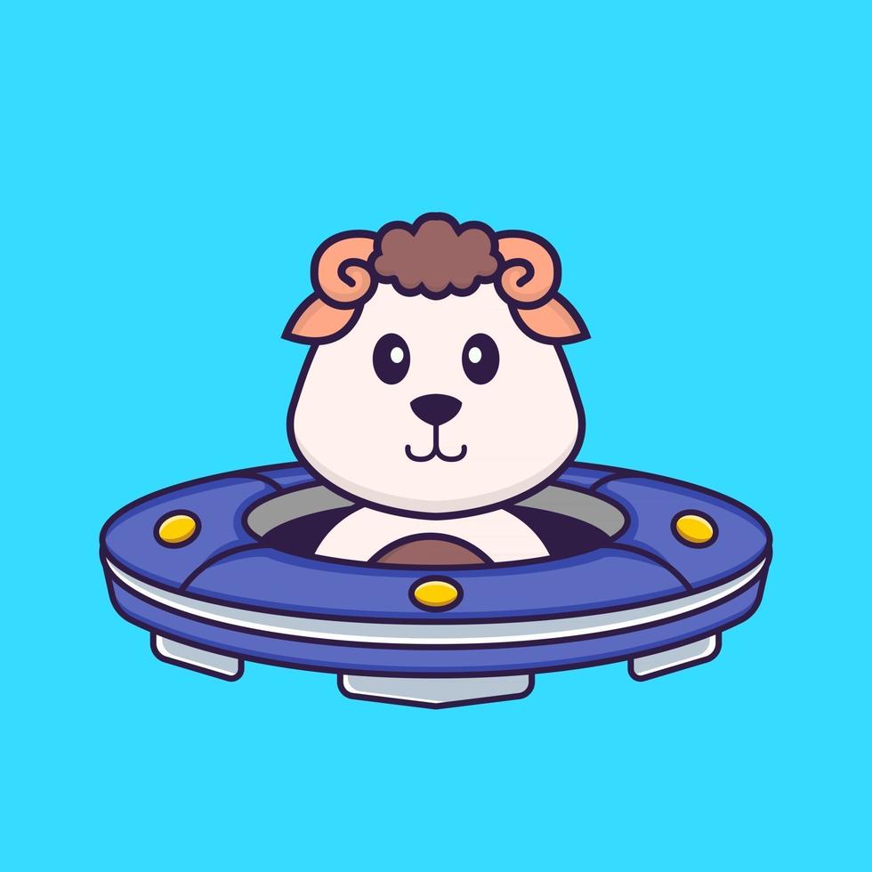 Cute sheep Driving Spaceship Ufo. Animal cartoon concept isolated. Can used for t-shirt, greeting card, invitation card or mascot. Flat Cartoon Style vector