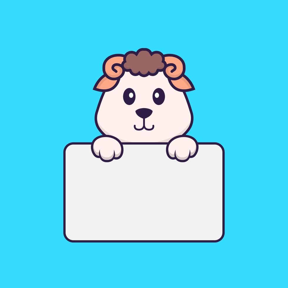 Cute sheep holding whiteboard. Animal cartoon concept isolated. Can used for t-shirt, greeting card, invitation card or mascot. Flat Cartoon Style vector