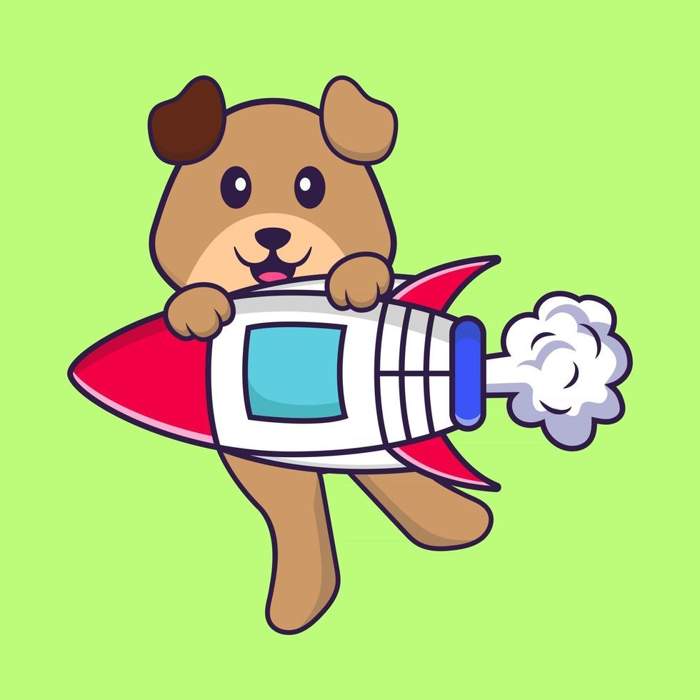 Cute dog flying on rocket. Animal cartoon concept isolated. Can used for t-shirt, greeting card, invitation card or mascot. Flat Cartoon Style vector