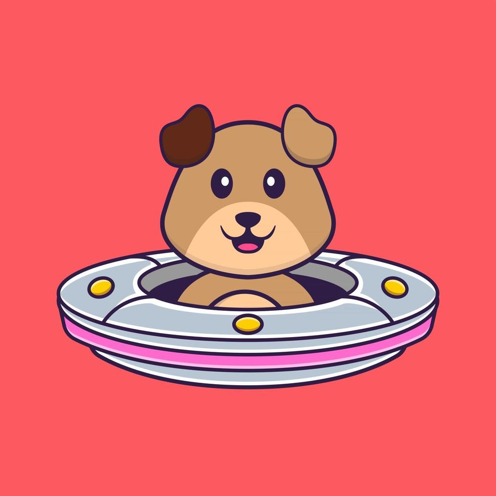 Cute dog Driving Spaceship Ufo. Animal cartoon concept isolated. Can used for t-shirt, greeting card, invitation card or mascot. Flat Cartoon Style vector