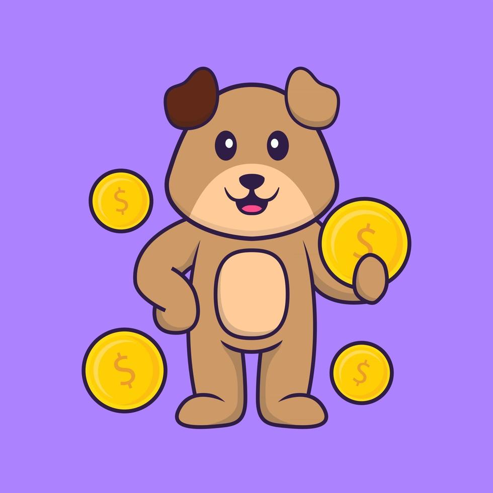 lindo perro sosteniendo una moneda. aislado concepto de dibujos animados de animales. Puede utilizarse para camiseta, tarjeta de felicitación, tarjeta de invitación o mascota. estilo de dibujos animados plana vector