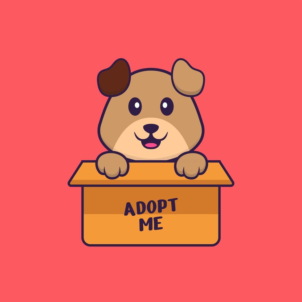 Cute dog in box with a poster Adopt me. Animal cartoon concept isolated. Can used for t-shirt, greeting card, invitation card or mascot. Flat Cartoon Style vector