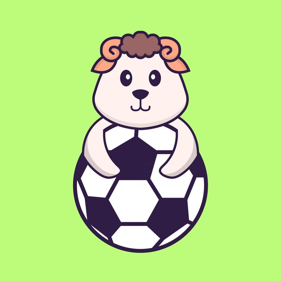 Cute sheep playing soccer. Animal cartoon concept isolated. Can used for t-shirt, greeting card, invitation card or mascot. Flat Cartoon Style vector