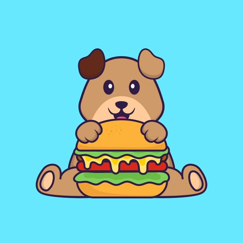 Cute dog eating burger. Animal cartoon concept isolated. Can used for t-shirt, greeting card, invitation card or mascot. Flat Cartoon Style vector