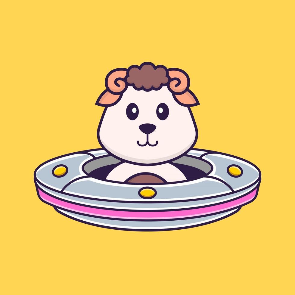 Cute sheep Driving Spaceship Ufo. Animal cartoon concept isolated. Can used for t-shirt, greeting card, invitation card or mascot. Flat Cartoon Style vector