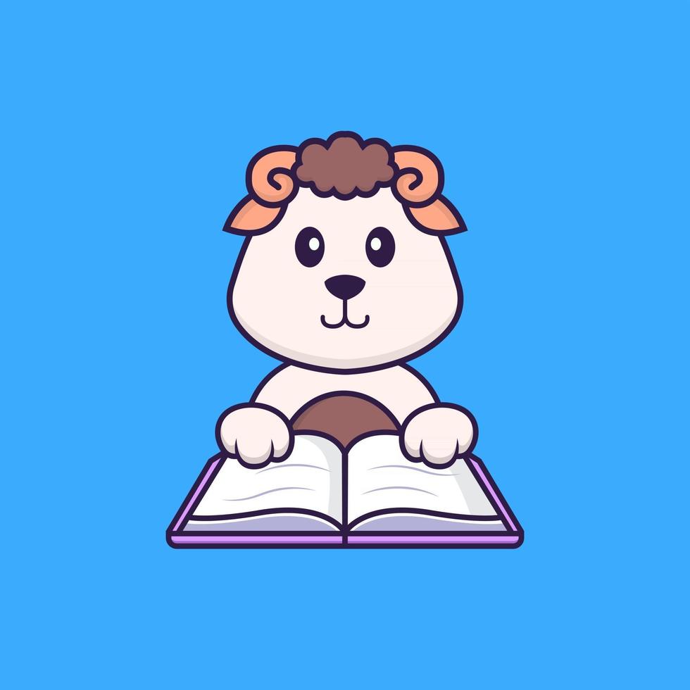 Cute sheep reading a book. Animal cartoon concept isolated. Can used for t-shirt, greeting card, invitation card or mascot. Flat Cartoon Style vector