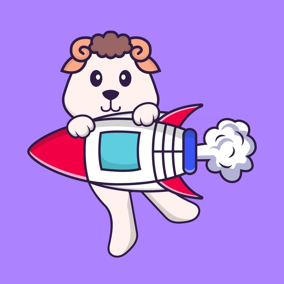 Cute sheep flying on rocket. Animal cartoon concept isolated. Can used for t-shirt, greeting card, invitation card or mascot. Flat Cartoon Style vector