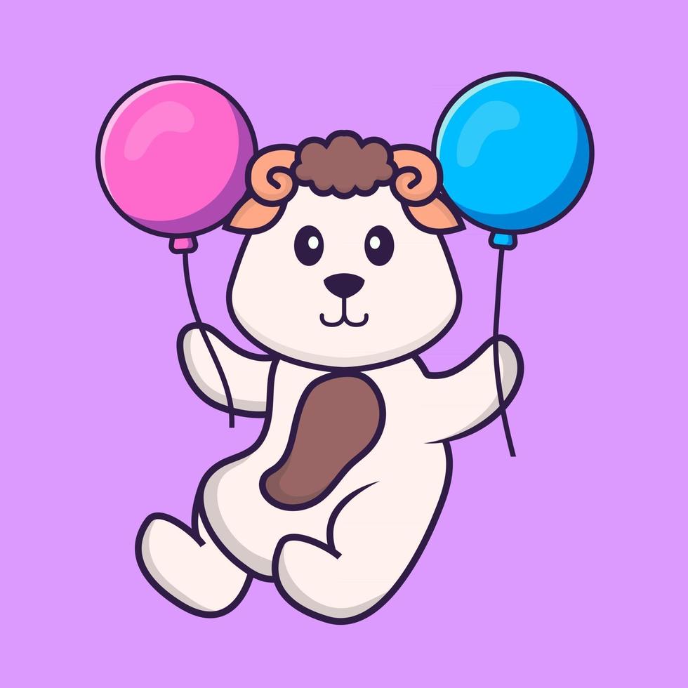 Cute sheep flying with two balloons. Animal cartoon concept isolated. Can used for t-shirt, greeting card, invitation card or mascot. Flat Cartoon Style vector