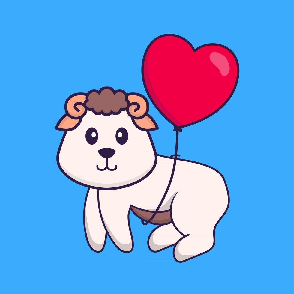 linda oveja volando con globos en forma de amor. aislado concepto de dibujos animados de animales. Puede utilizarse para camiseta, tarjeta de felicitación, tarjeta de invitación o mascota. estilo de dibujos animados plana vector