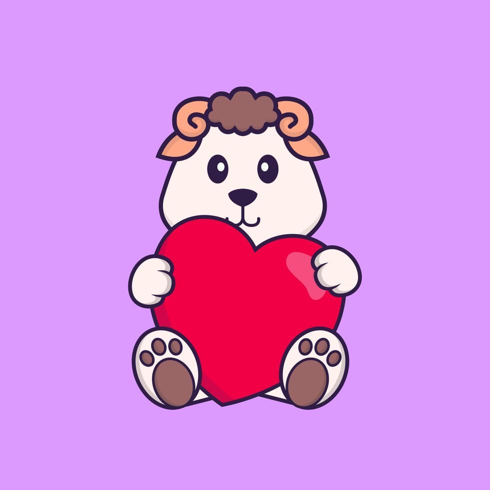 Cute sheep holding a big red heart. Animal cartoon concept isolated. Can used for t-shirt, greeting card, invitation card or mascot. Flat Cartoon Style vector