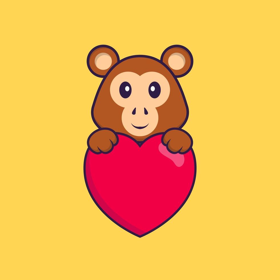 Cute monkey holding a big red heart. Animal cartoon concept isolated. Can used for t-shirt, greeting card, invitation card or mascot. Flat Cartoon Style vector