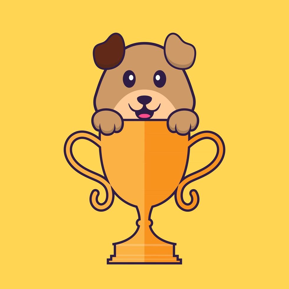 Cute dog with gold trophy. Animal cartoon concept isolated. Can used for t-shirt, greeting card, invitation card or mascot. Flat Cartoon Style vector