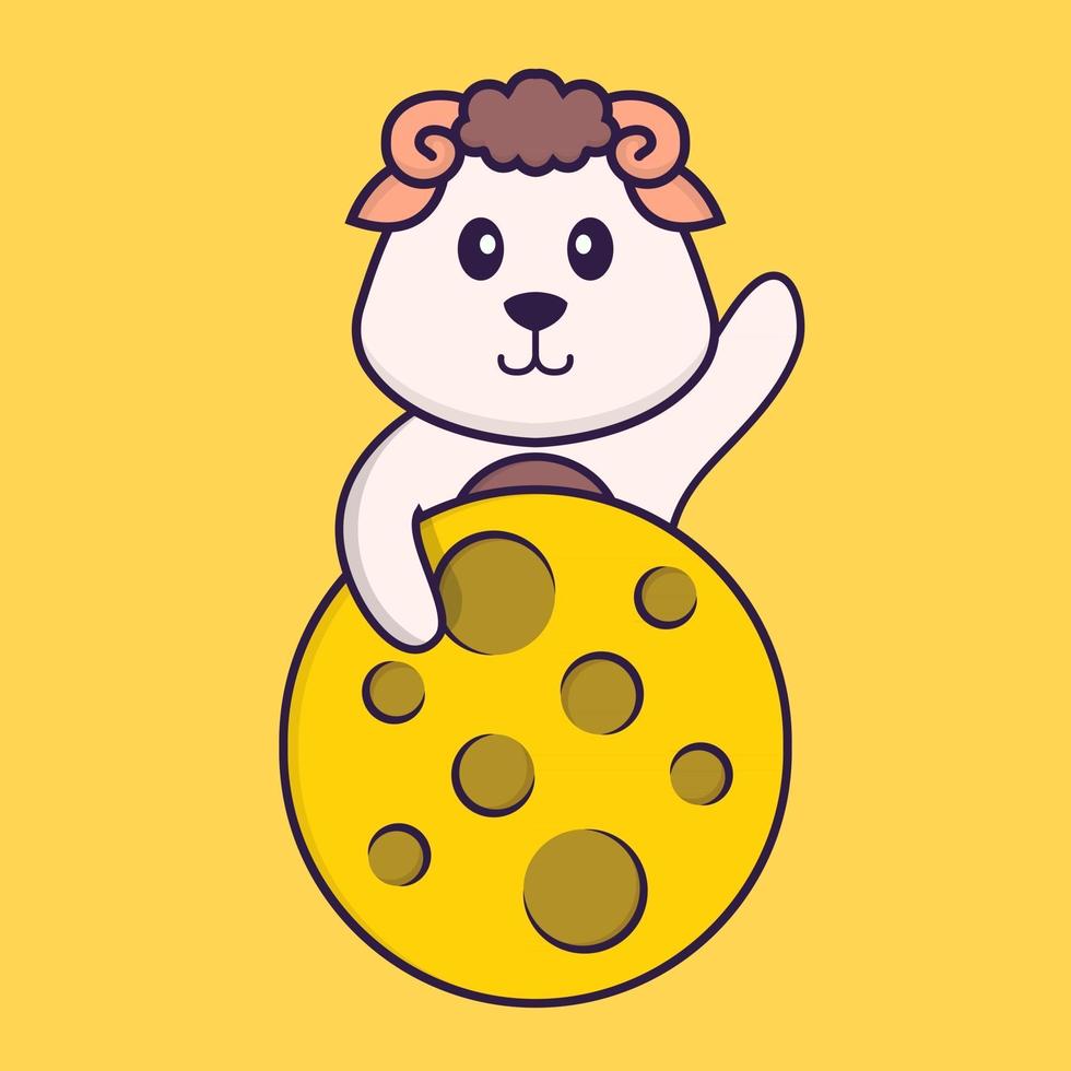 Cute sheep is on the moon. Animal cartoon concept isolated. Can used for t-shirt, greeting card, invitation card or mascot. Flat Cartoon Style vector